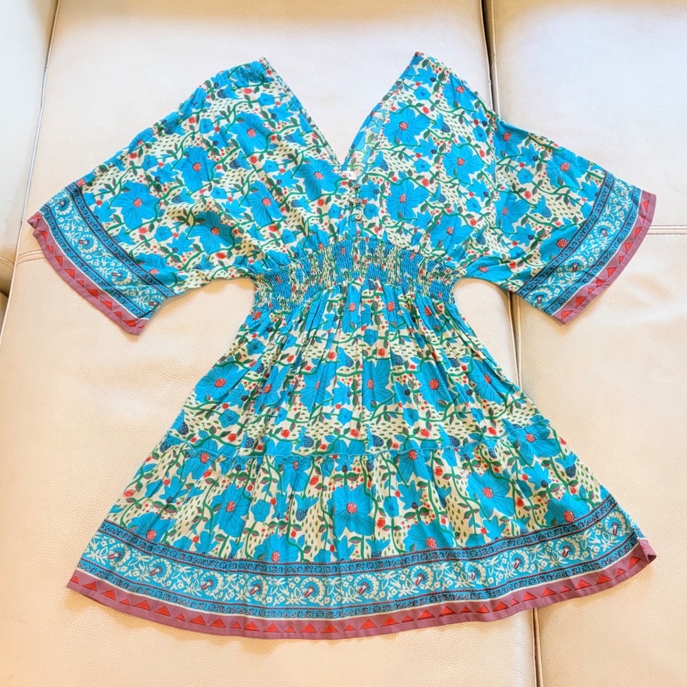 Natural Life Boho Floral Kimono Sleeve Dress Turquoise Blue/Pink/Green L/Large